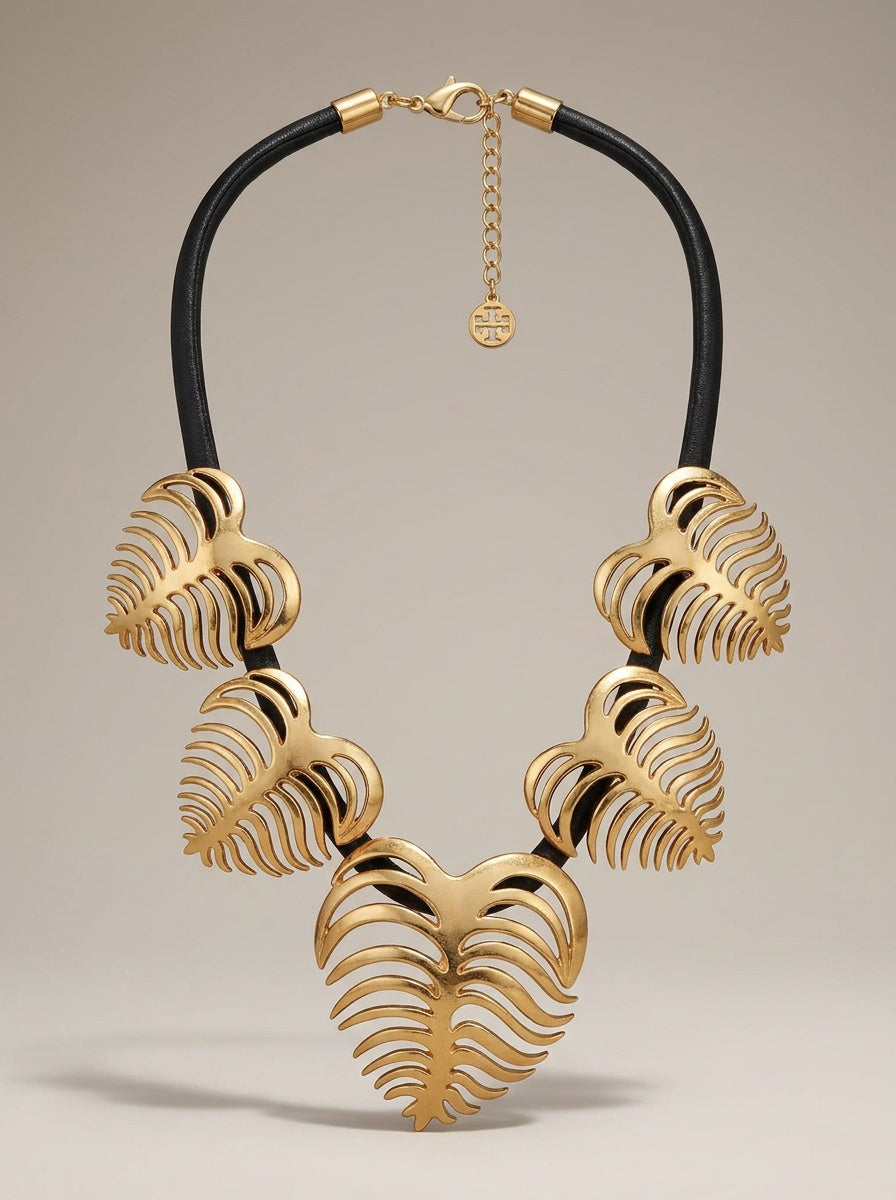 Tory Burch-Style Gold-Tone Leaf Bib Necklace with Double-T Charm - photo 1