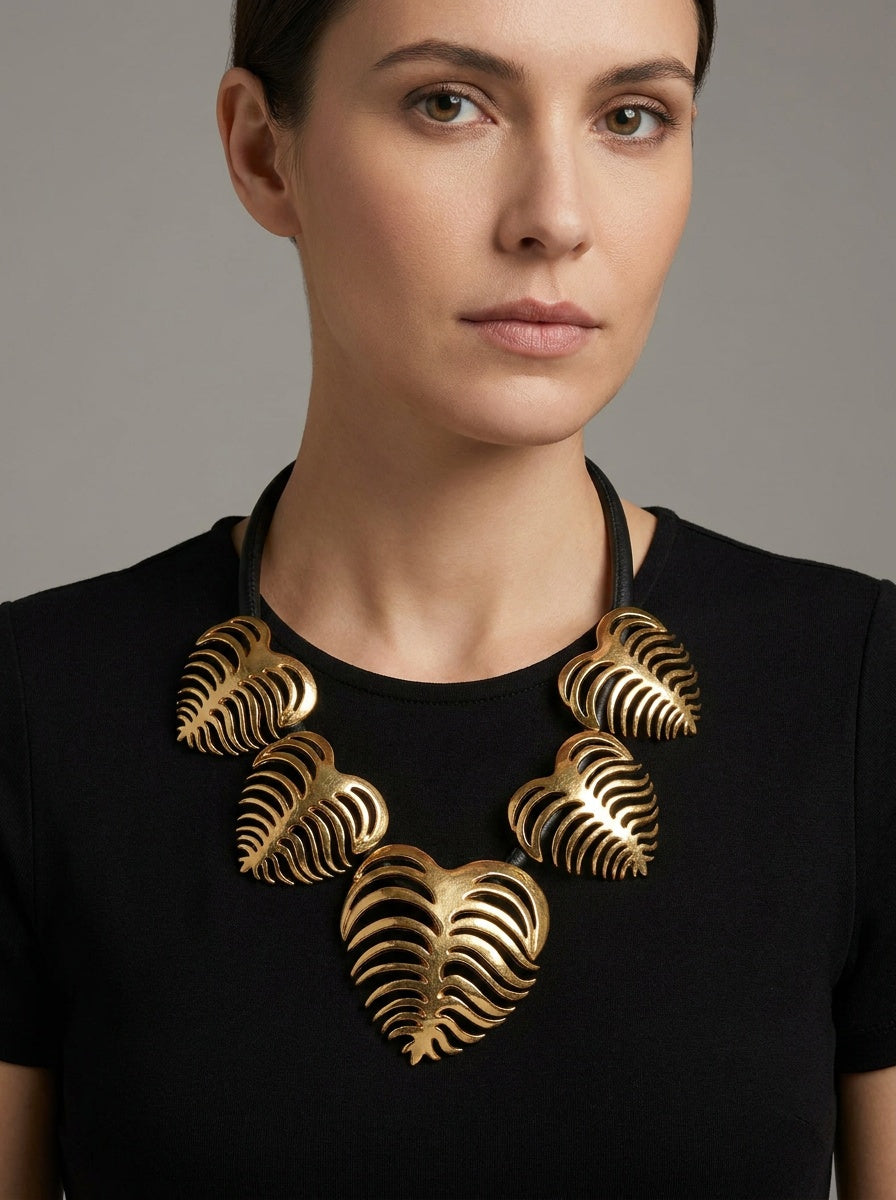 Tory Burch-Style Gold-Tone Leaf Bib Necklace with Double-T Charm - photo 4