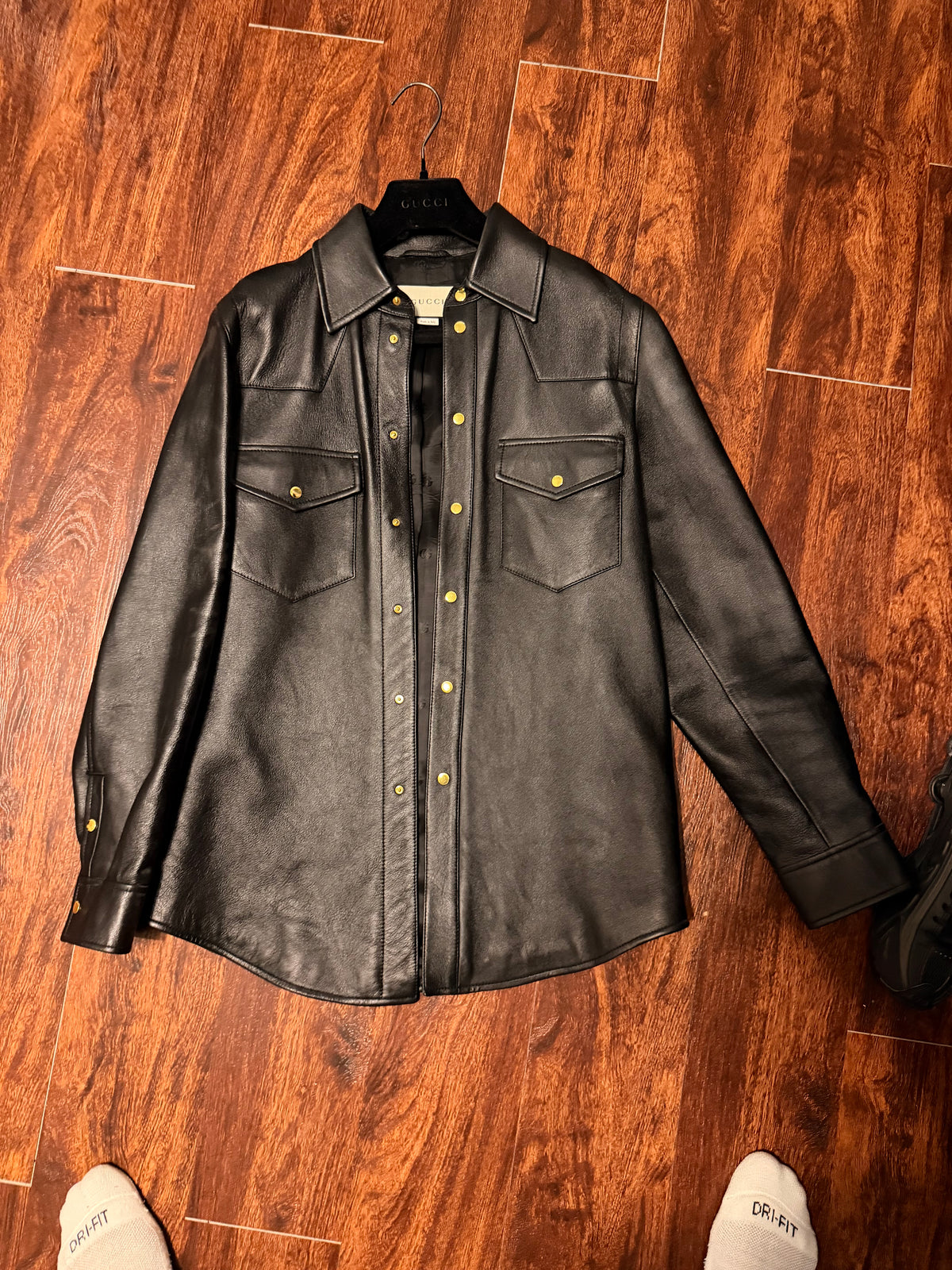 Gucci Embossed Logo Lamb Leather Shirt Jacket | IT 46