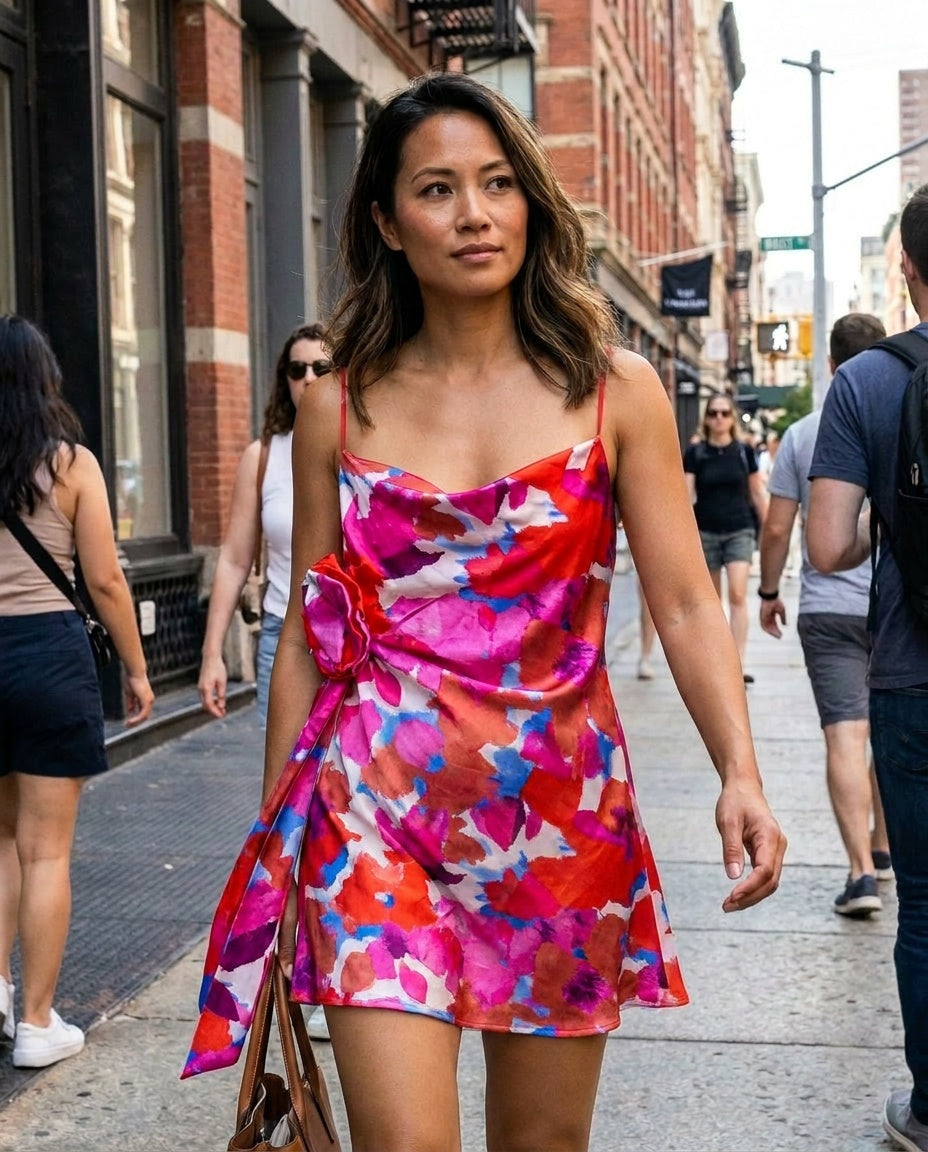 Ramy Brook New York Sleeveless Satin Camisole with Abstract Floral Rosette - Multi-Color - photo 3