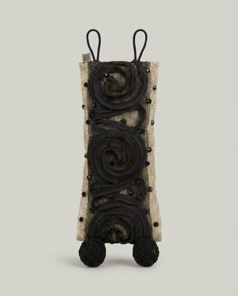 Gold Mesh Wrist Cuff with Black Fabric Scroll Appliqués - photo 2