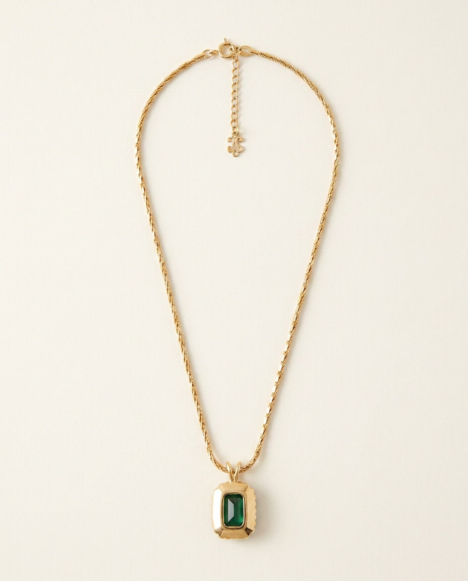 Mid-Century Gold-Tone Chain Necklace with Emerald-Cut Green Stone Pendant - photo 2