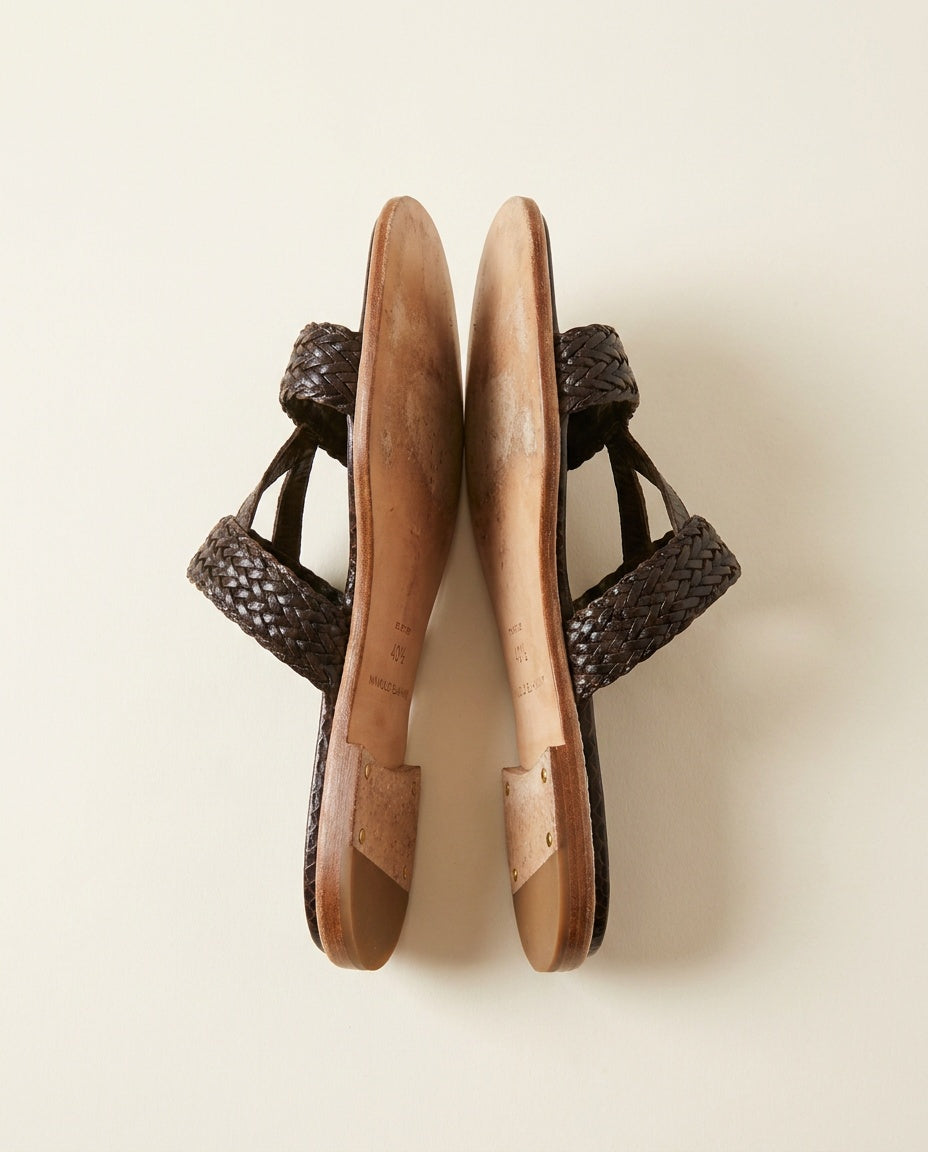 Manolo Blahnik Dark Brown Woven-Strap Slide Sandals with Reptile-Embossed Footbed - photo 2