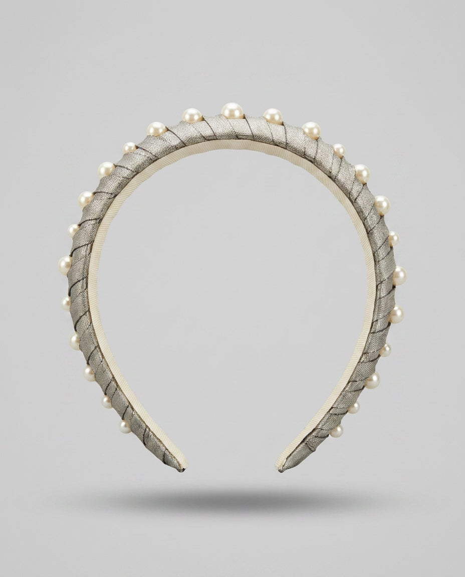 Silver-Grey Fabric-Wrapped Headband with Simulated Pearl Accents - photo 2