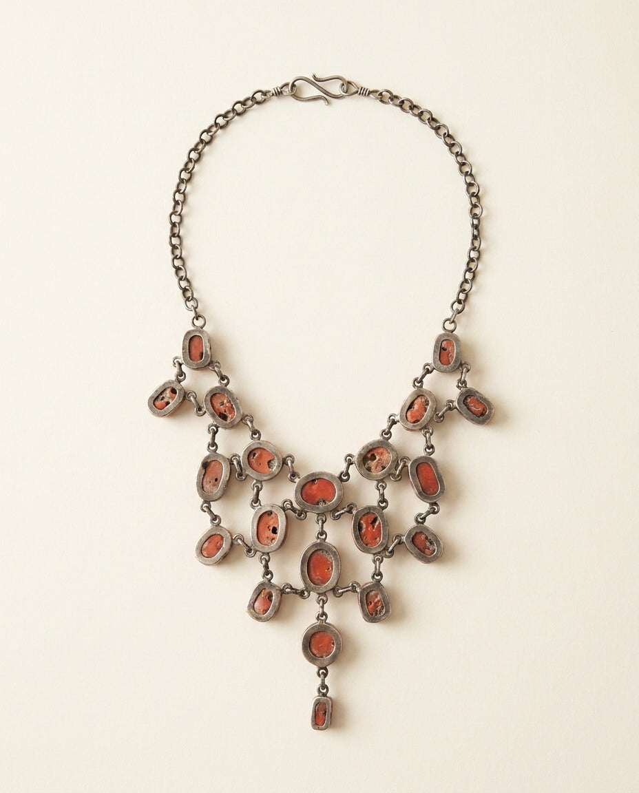 Vintage Multi-Strand Bib Necklace with Red-Orange Cabochon Stones - photo 2