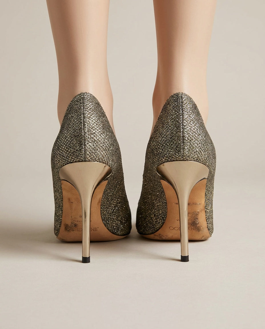 Jimmy Choo Dark Gold Glitter Pointed Toe Stiletto Pumps – Size 37.5 - photo 2