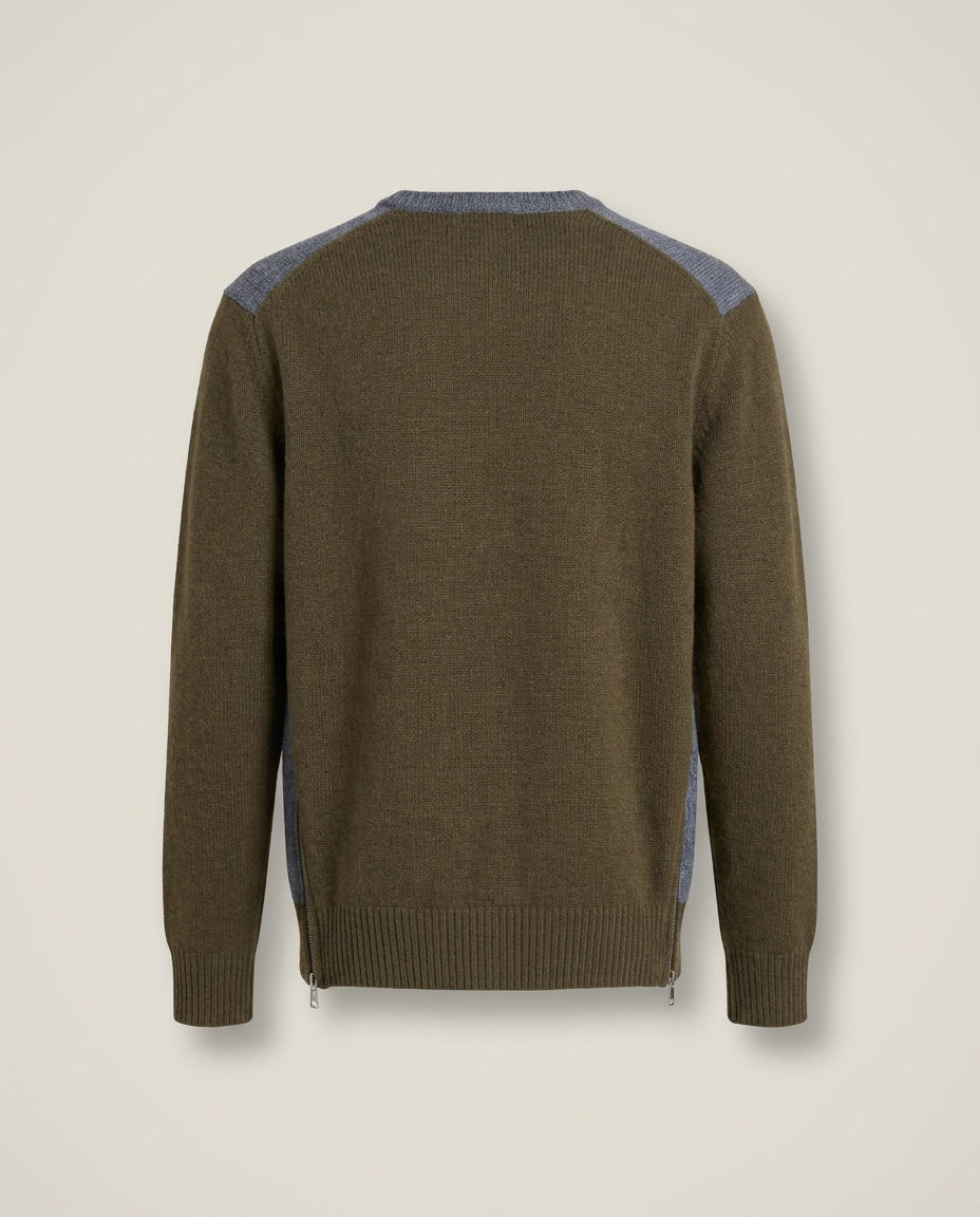 Vince Color-Block Crewneck Sweater in Olive-Brown & Heather Grey-Blue - photo 2
