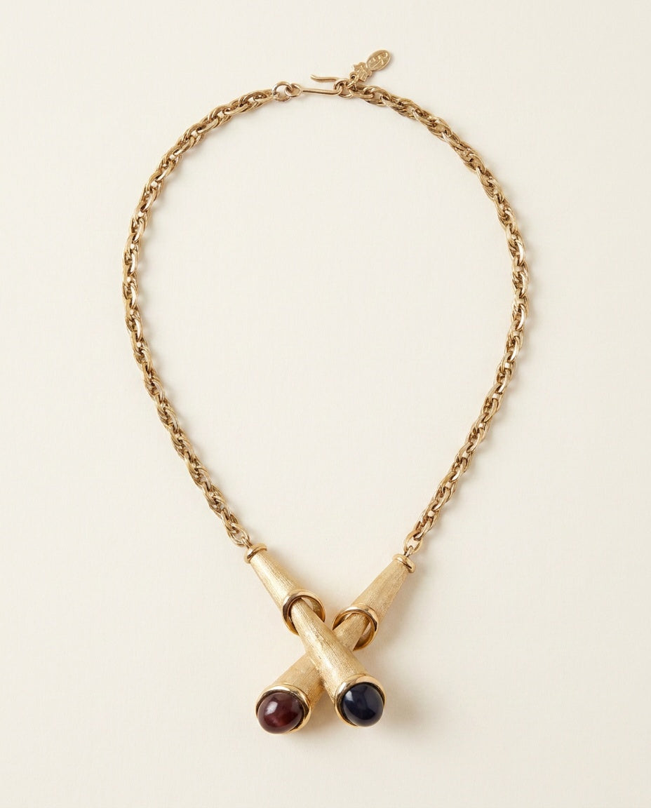 Gold-Tone Double Rope Statement Necklace with Double Cone Pendants and Cabochon Stones - photo 2