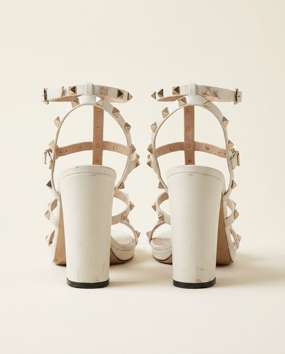 Valentino Garavani White Studded Block-Heel Sandals with Gold Studs - photo 2