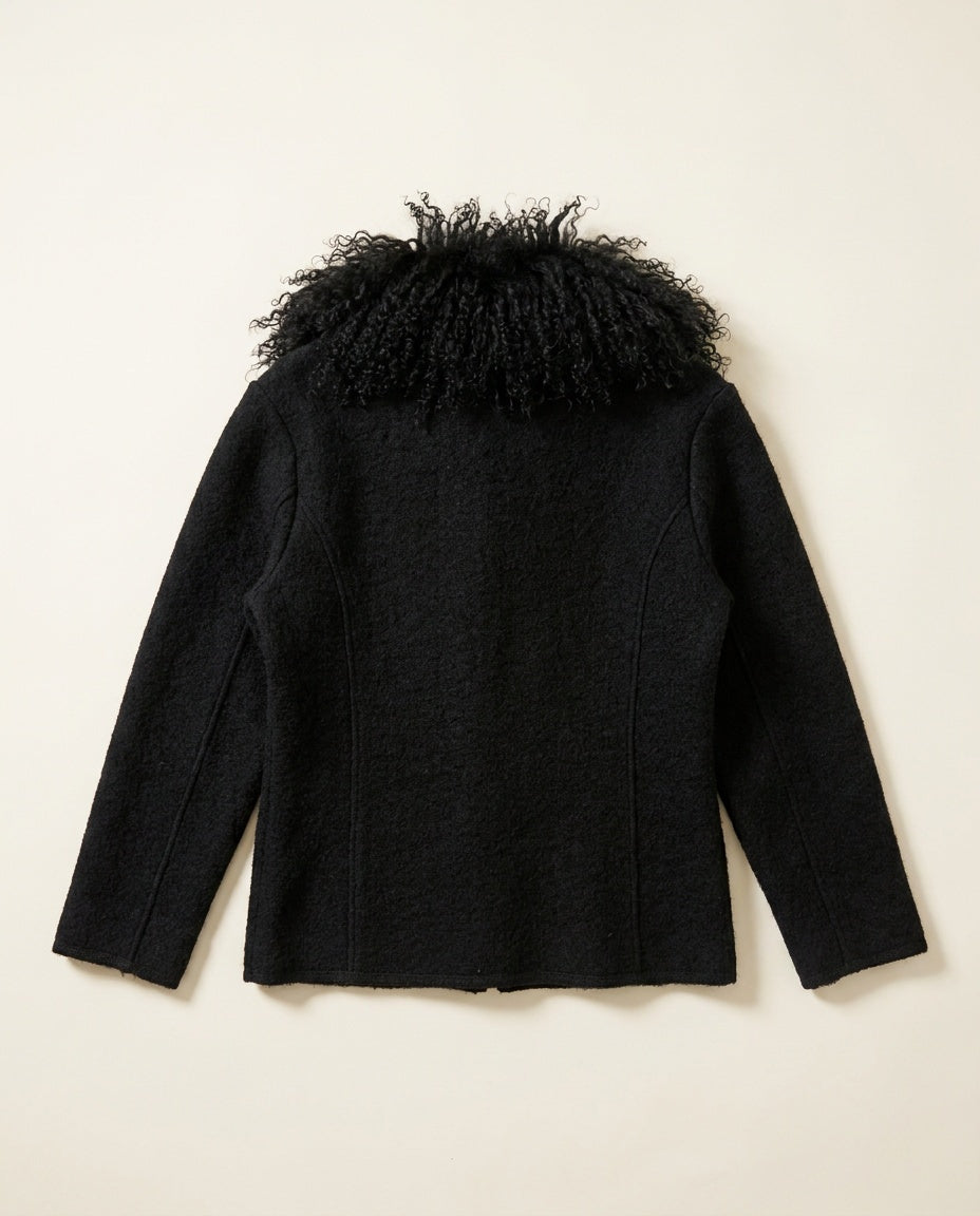 LiSA International Black Boiled Wool Zip Jacket with Curly Fur Collar - photo 2