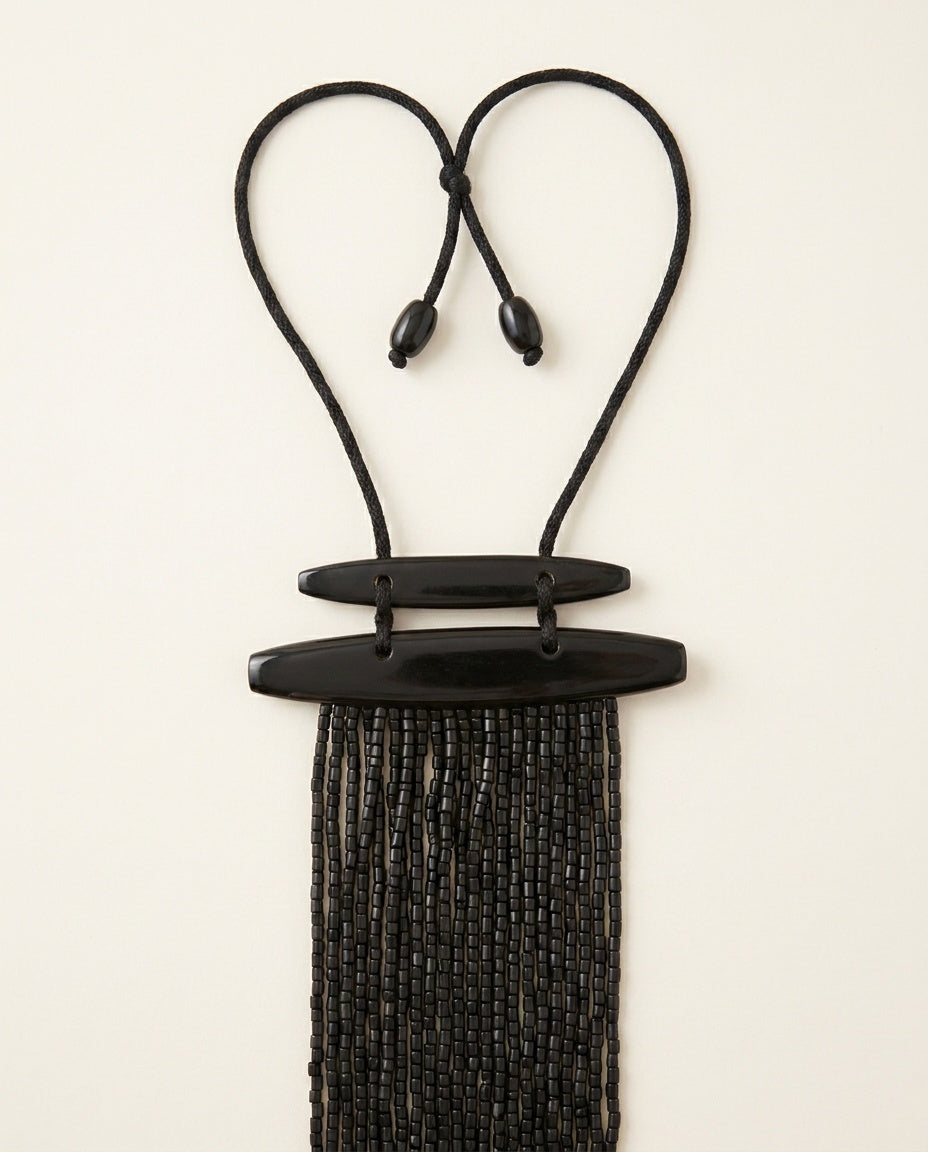 Black Beaded Fringe Statement Necklace with Cord Tie and Oval Bar Hardware - photo 2
