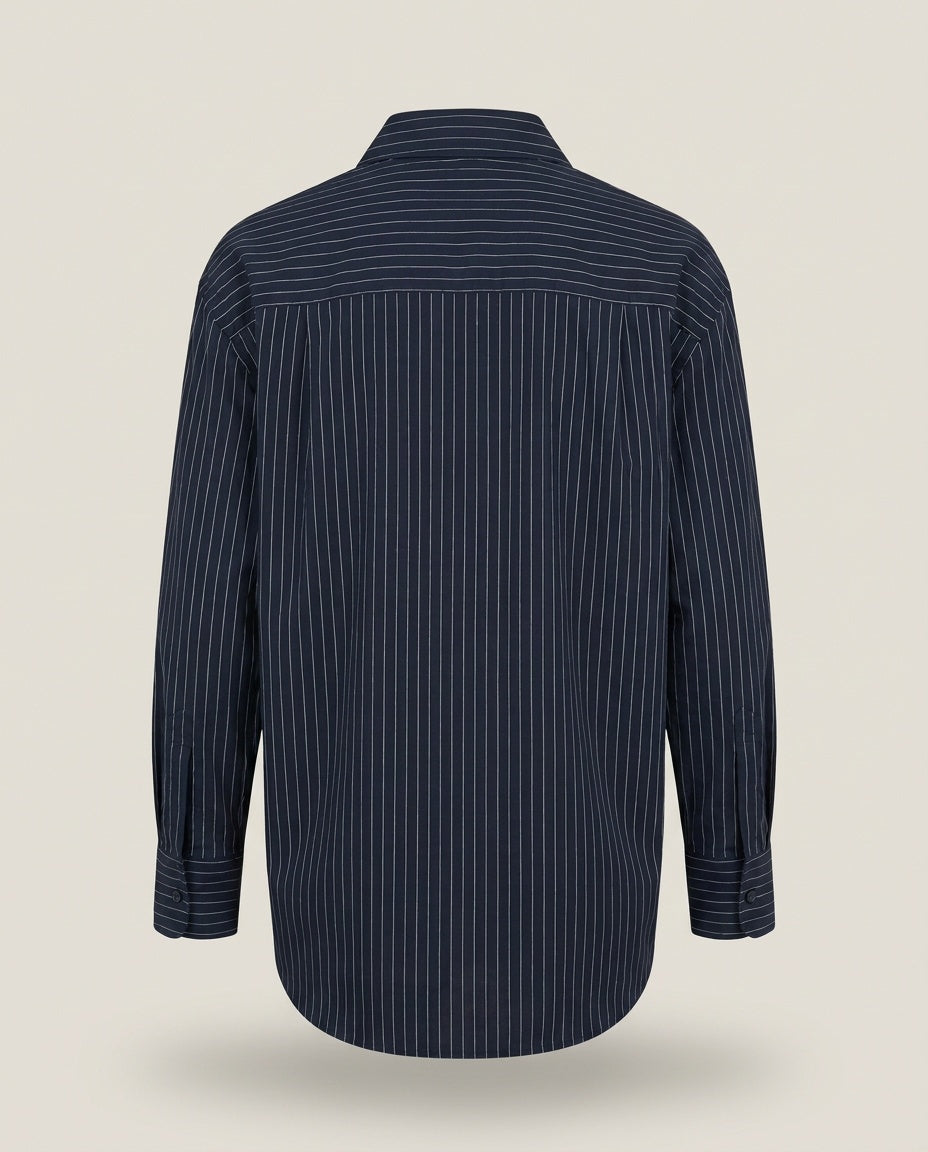 Reformation Navy White Pinstripe Button-Forward Long-Sleeve Shirt XS - photo 2