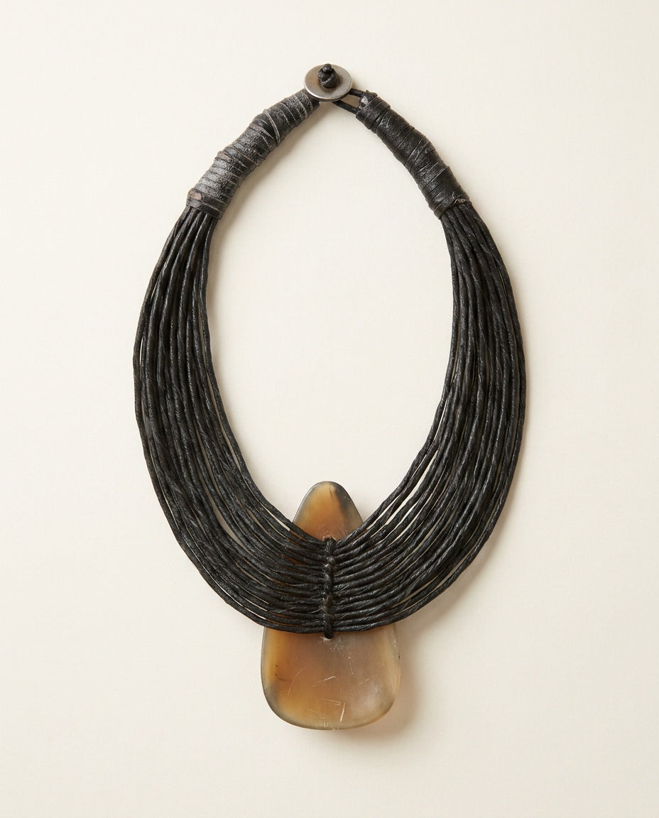 Mid-20th Century Multi-Strand Leather Cord Bib Necklace with Teardrop Pendant - photo 2