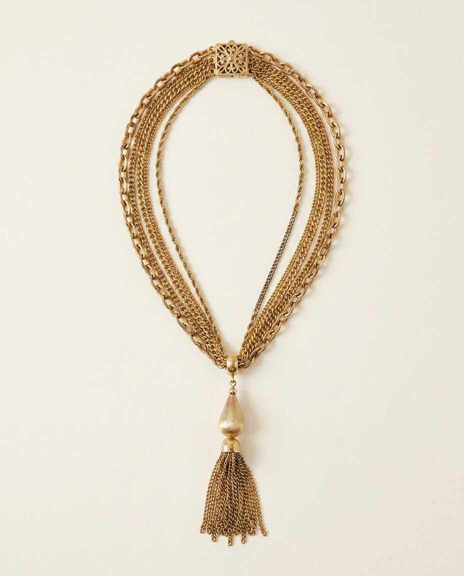 1970s-1980s Multi-Strand Gold-Tone Chain Necklace with Tassel Pendant - photo 2