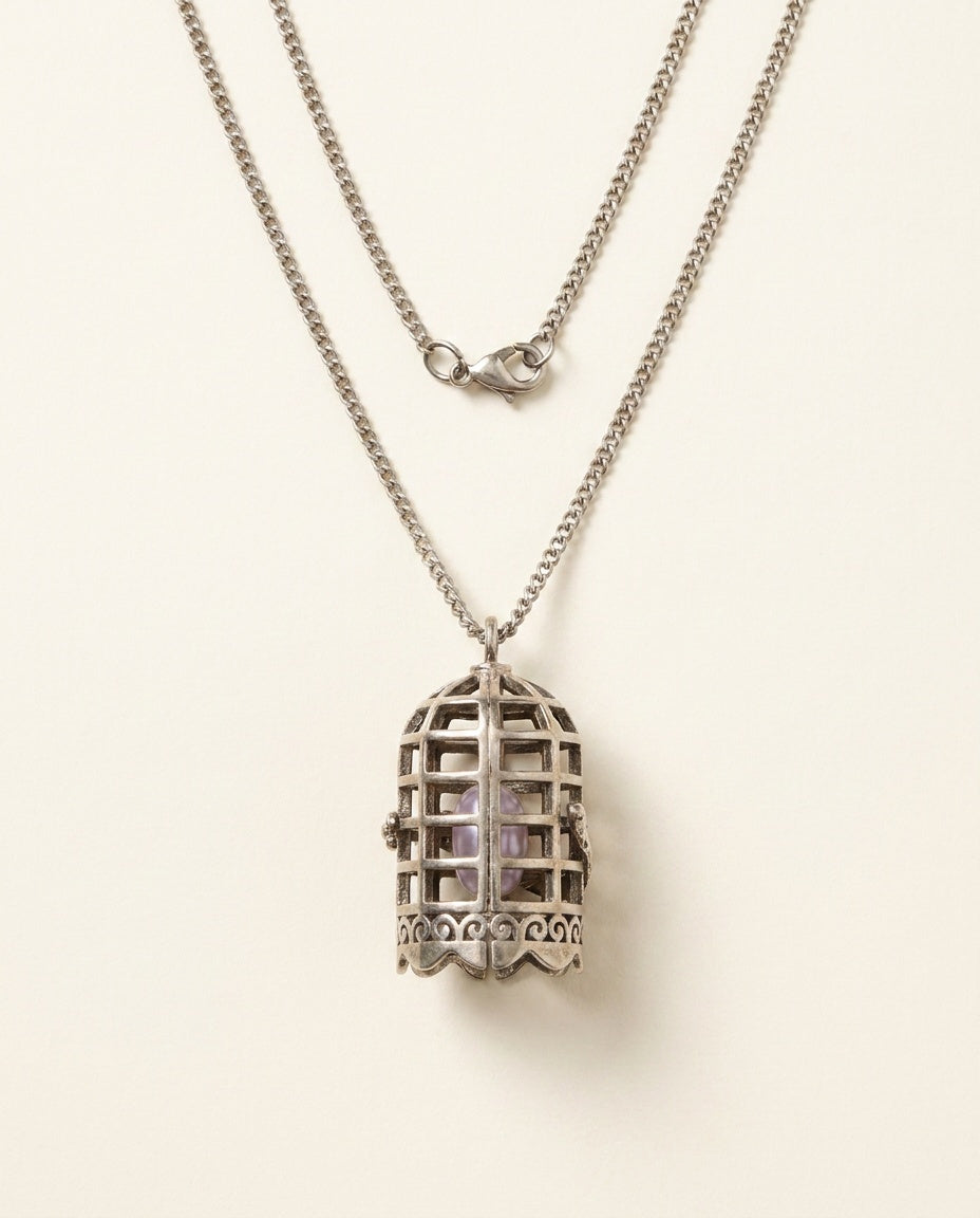 1990s Silver-Tone Birdcage Pendant Necklace with Curb-Link Chain and Interior Bead - photo 2
