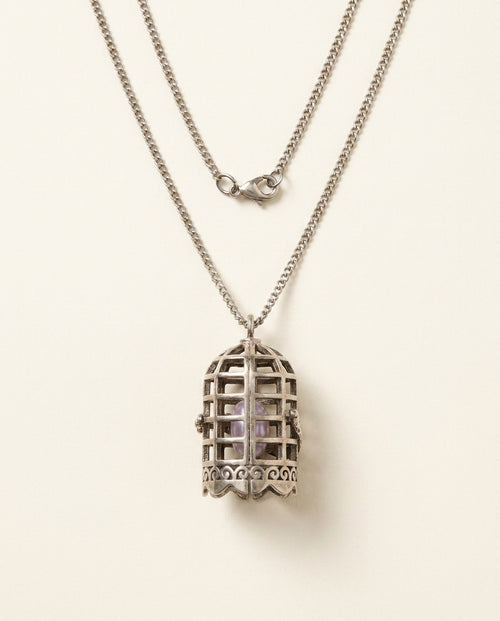 1990s Silver-Tone Birdcage Pendant Necklace with Curb-Link Chain and Interior Bead - photo 2