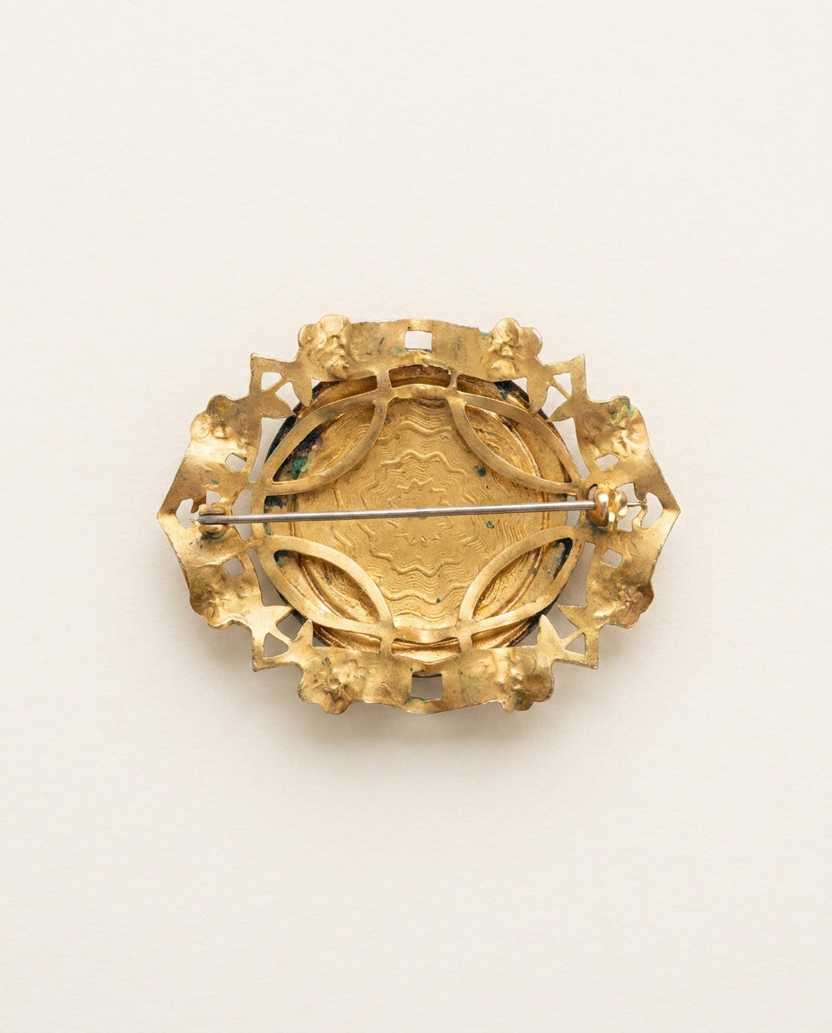 Vintage Gold-Tone Enamel Brooch with Pink Rose and Guilloche Design - photo 2