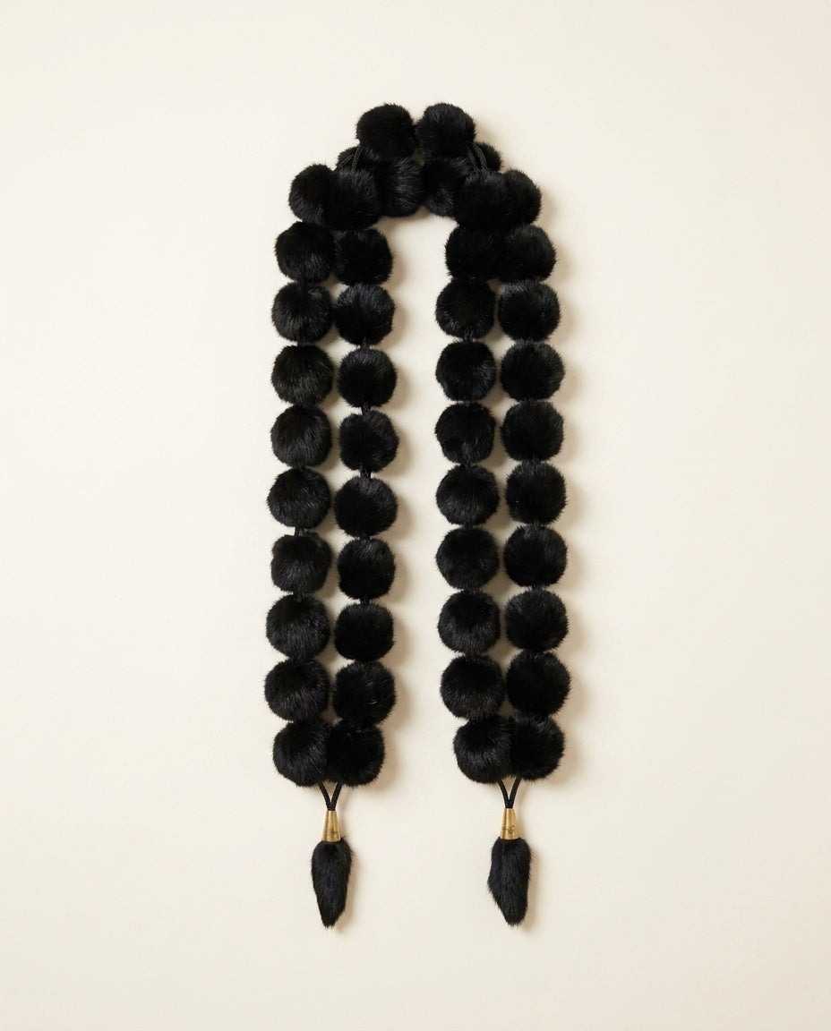 Black Fur Pom-Pom Stole with Gold-Tone Tassel Ends - photo 2