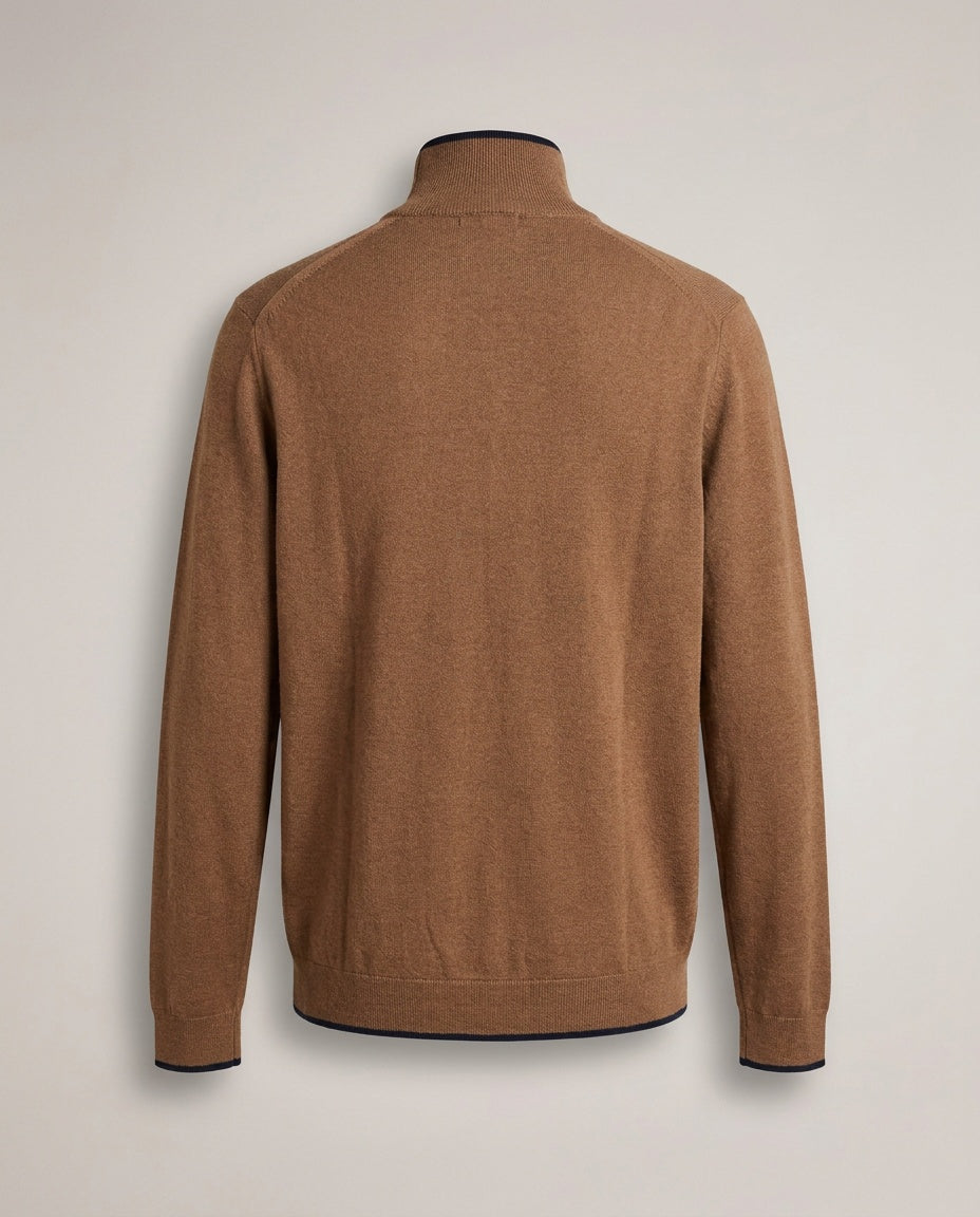Ted Baker London Fine-Knit Turtleneck Sweater in Medium Brown with Navy Trim - photo 2