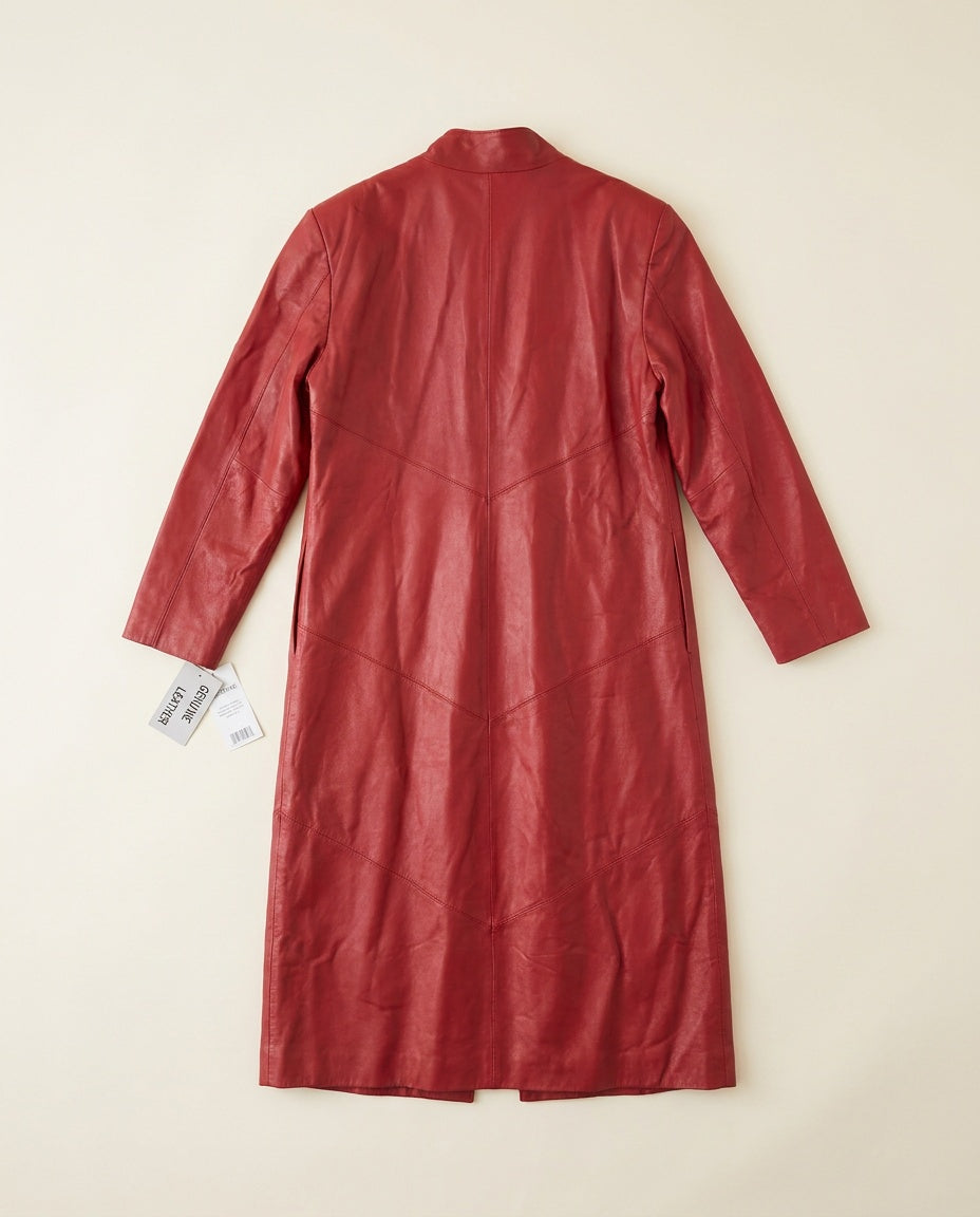 METROSTYLE Red Full-Length Leather Duster Coat with Red Polyester Lining - photo 2