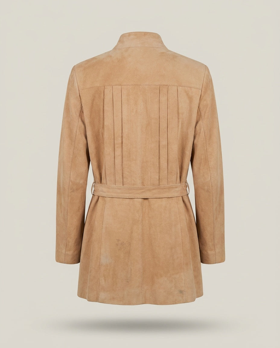 Vakko Suede Belted Jacket with Band Collar and Gold Buttons - photo 2