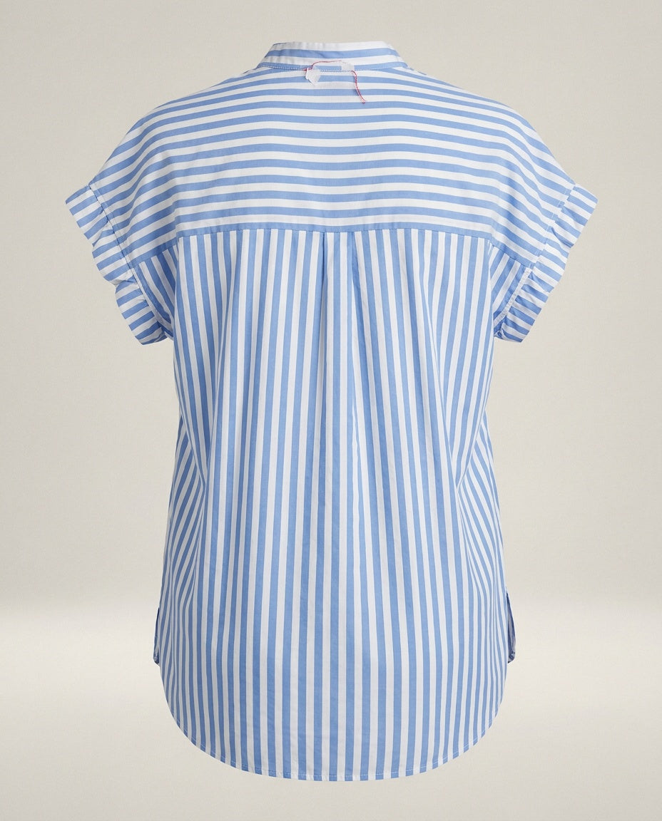Blue and White Striped Ruffle Blouse with Mandarin Collar - photo 2