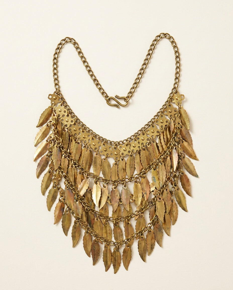 Mid-20th Century Gold-Tone Brass Bib Necklace with Leaf Dangles - photo 2