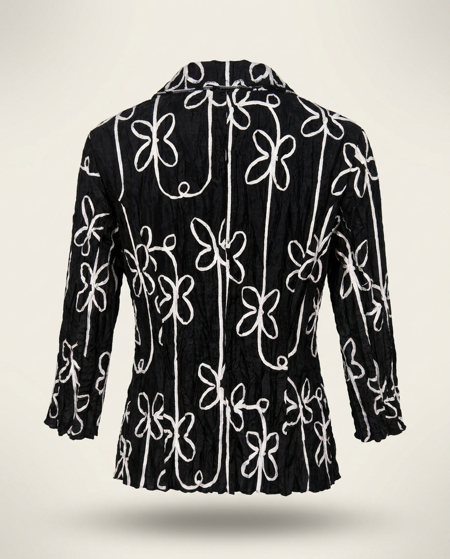 Alberto Makali Black Crinkle Fabric Blazer with White Floral Appliqué - photo 2
