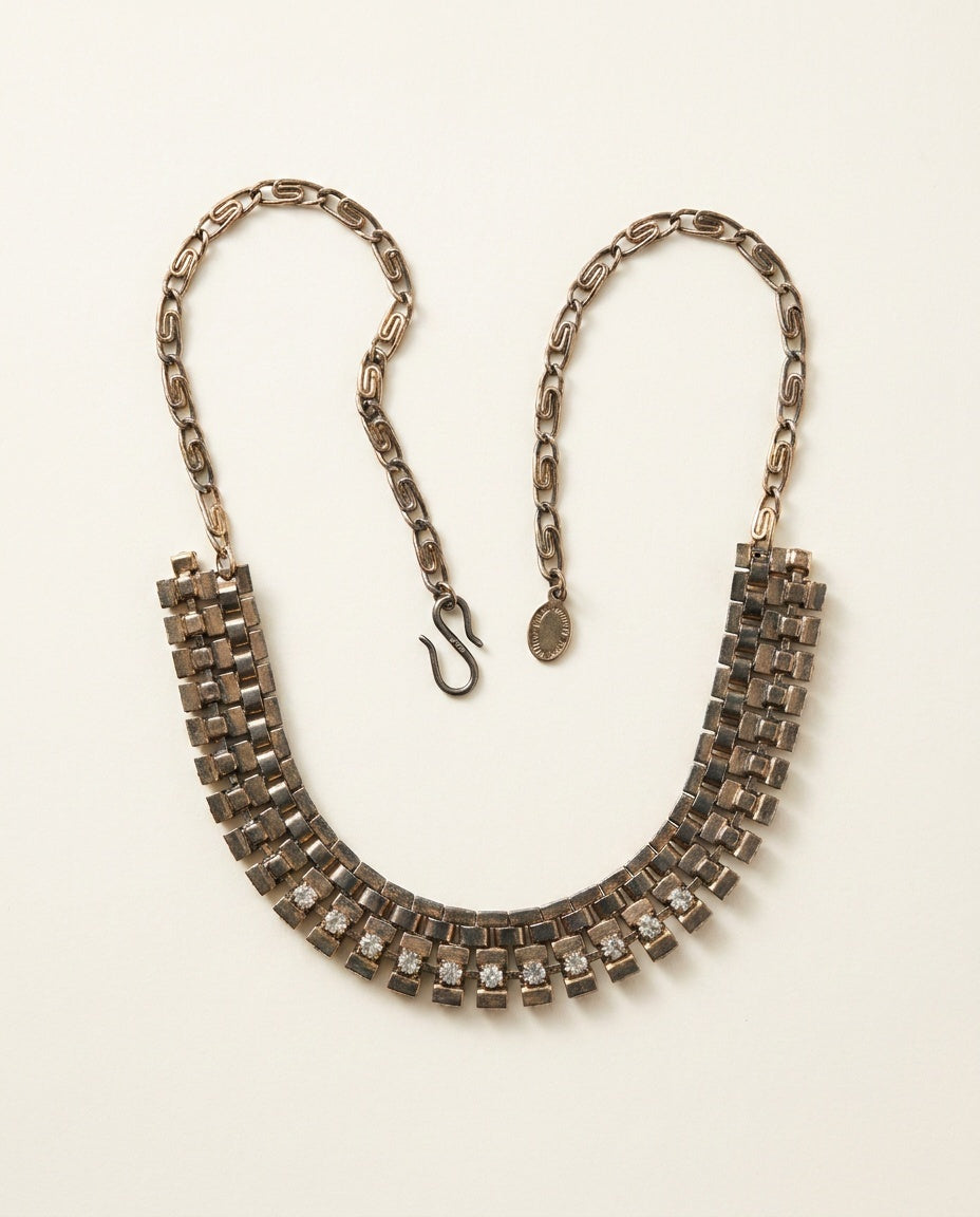 Mid-Century Rhinestone and Book-Chain Bib Necklace - photo 2
