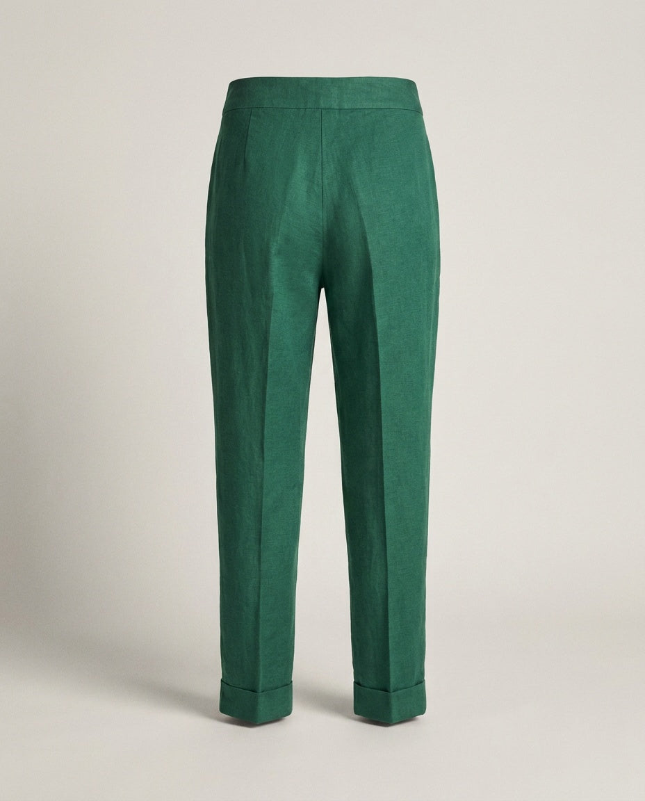 Massimo Dutti Emerald Green Pleated Tapered Trousers with Cuffed Hem, 62% Linen / 38% Viscose - photo 2