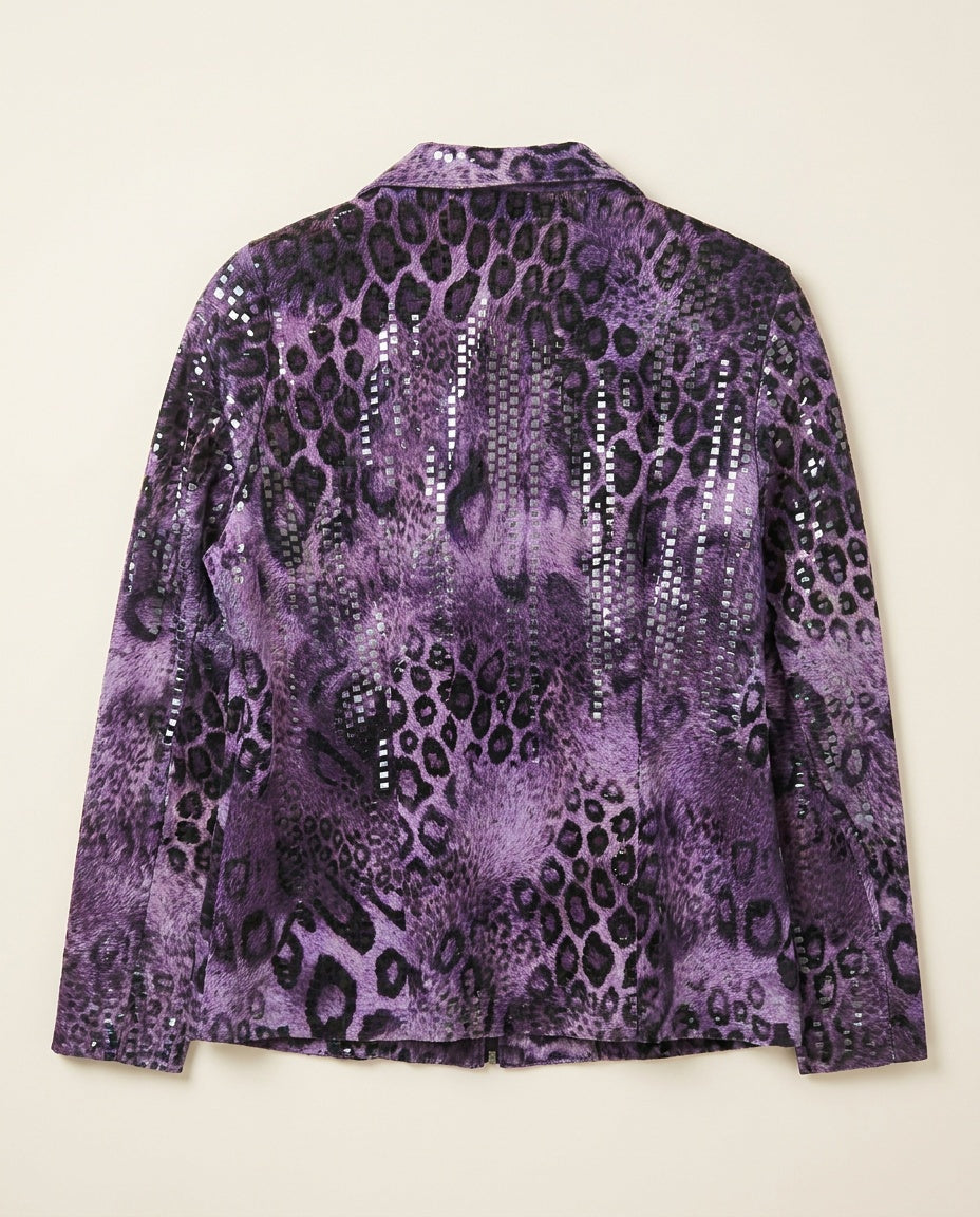 Exclusively Misook Purple/Black Leopard Print Zip-Front Long-Sleeve Jacket with Sequin Stripes - photo 2
