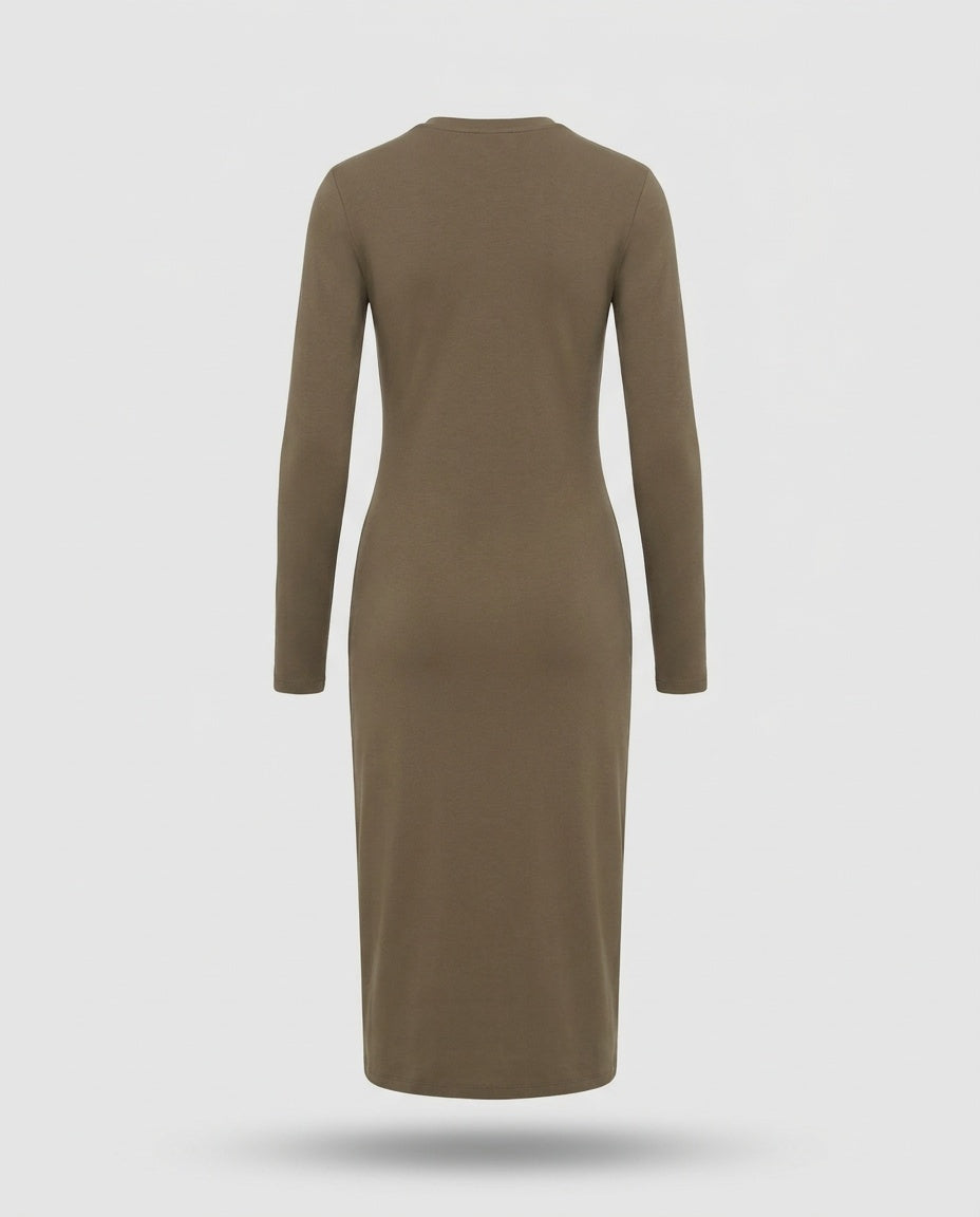 Theory Long-Sleeve Midi Bodycon Dress in Taupe/Olive Brown with Side Snap Closure - photo 2