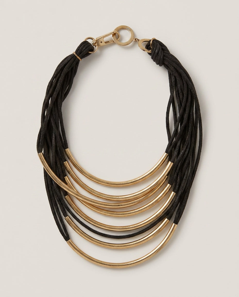 Multi-Strand Black Cord Bib Necklace with Gold-Tone Tube Bars - photo 2