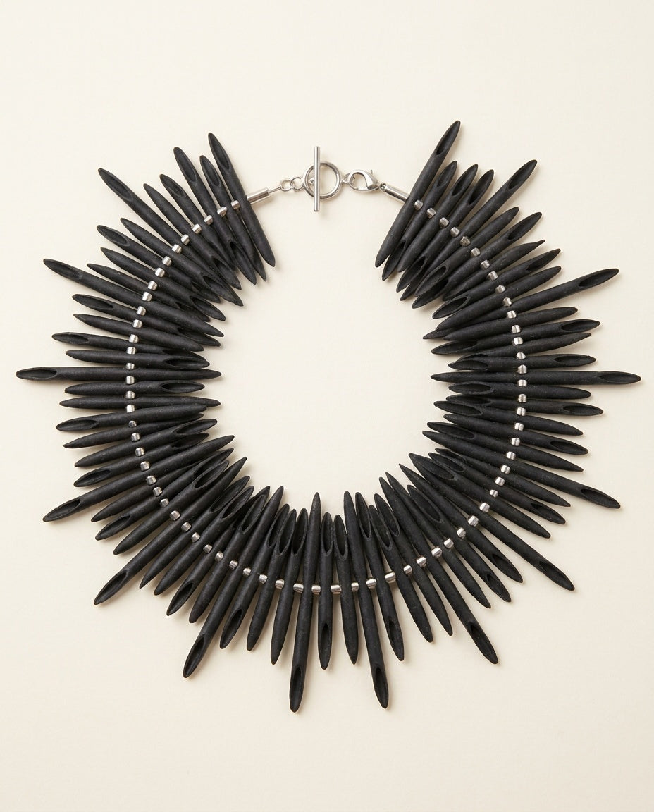 1980s Matte Black Spike-Bead Necklace & Earring Set in Silver - photo 2