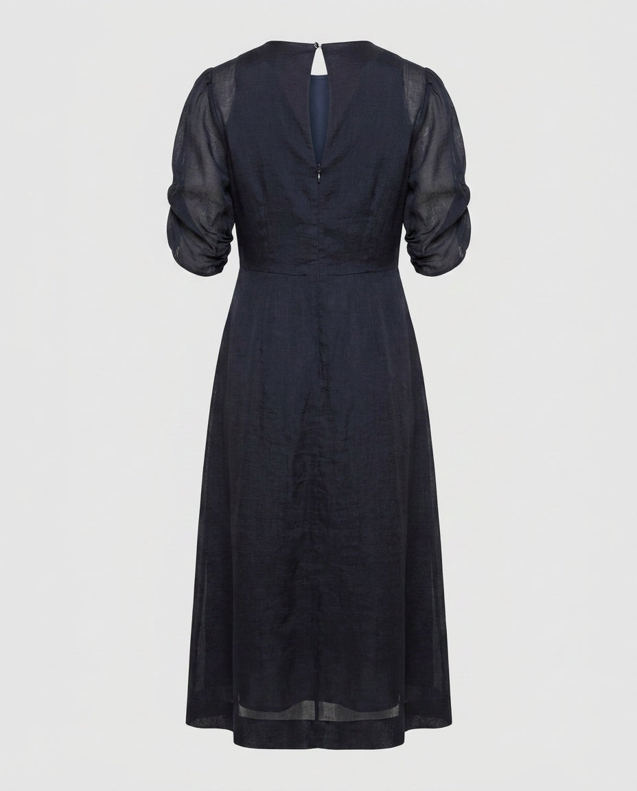 FRAME Navy Semi-Sheer Midi Dress with Puff Sleeves - photo 2