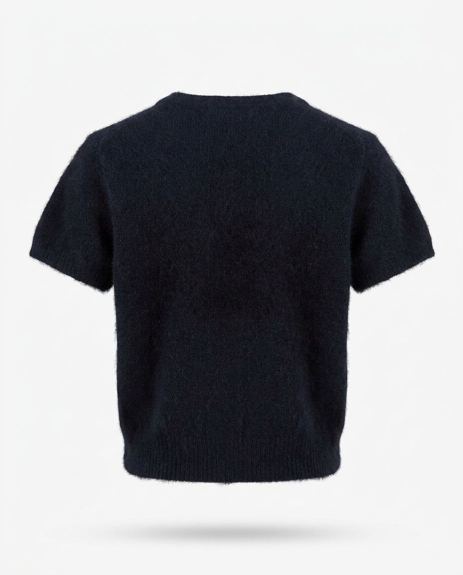 Ann Taylor Short-Sleeve Crewneck Knit Sweater in Dark Navy with Angora Blend - photo 2
