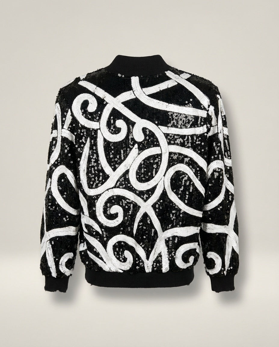 Laurence Kazar 1980s Sequined Bomber Jacket with White Scrollwork Appliqué - photo 2