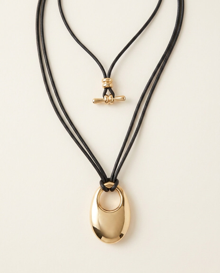 Large Gold-Tone Oval Pendant Necklace on Adjustable Black Cord - photo 2