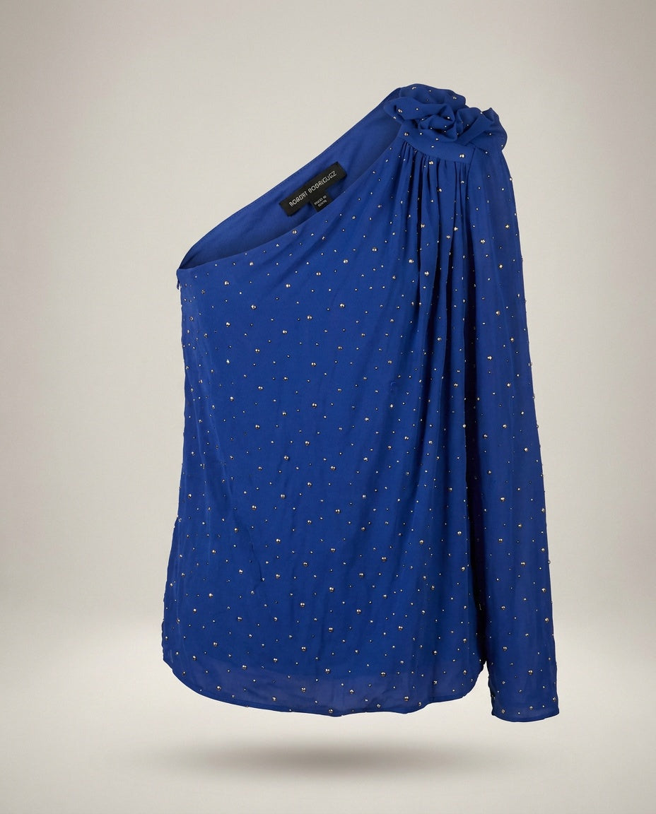 Robert Rodriguez One-Shoulder Studded Blouse with Built-In Camisole Lining, Cobalt Blue - photo 2