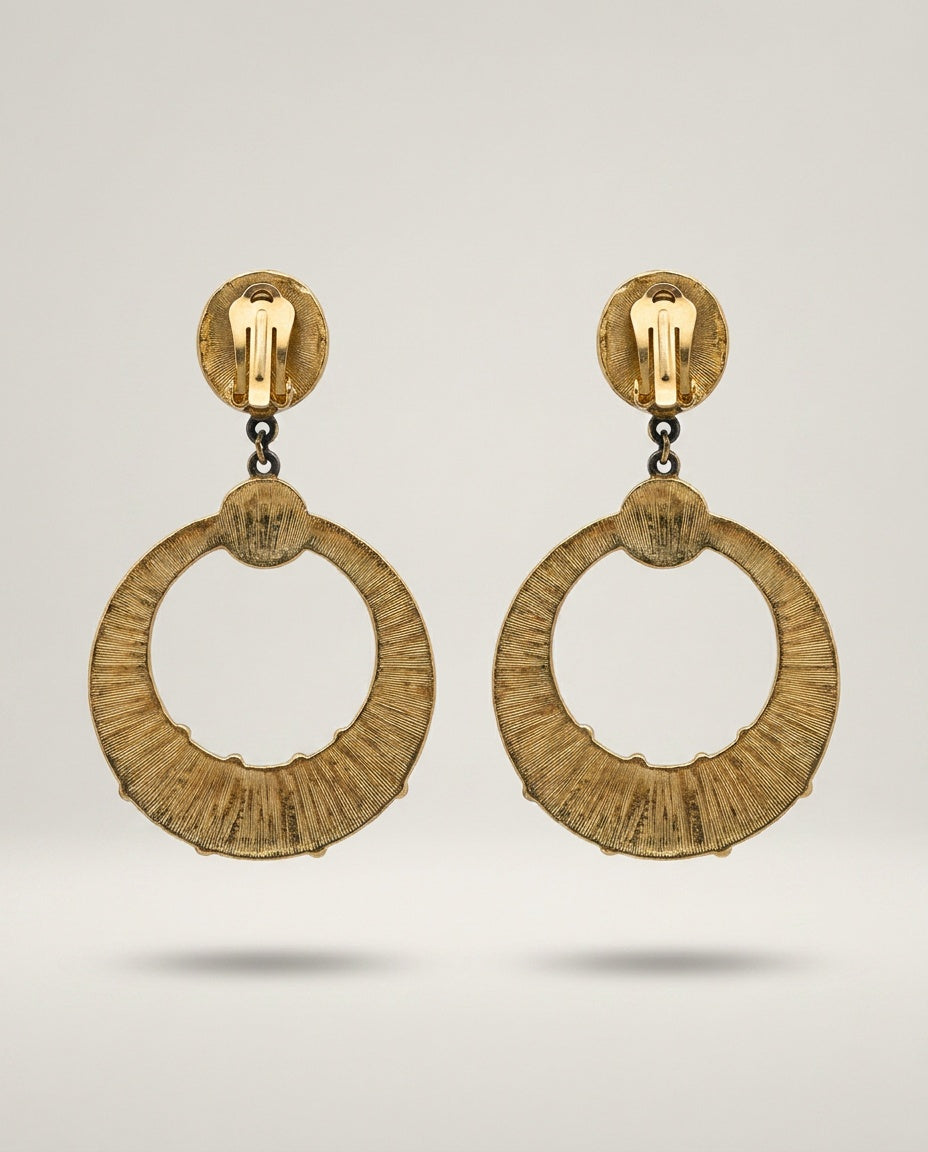 Mid-Century Gold-Tone Clip-On Drop Hoop Earrings (Pair) - photo 2