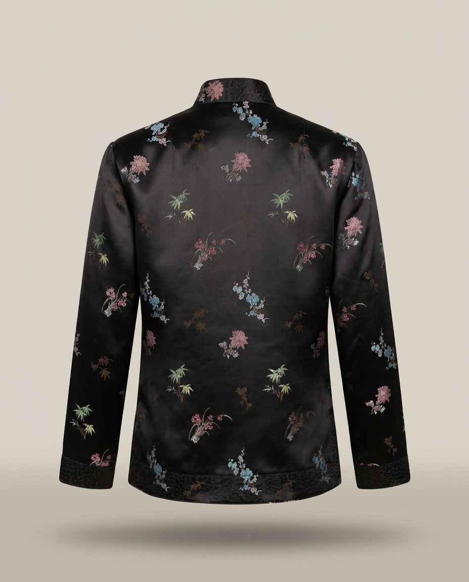 Chinese-Style Satin Jacket with Frog Closures and Floral Print - photo 2