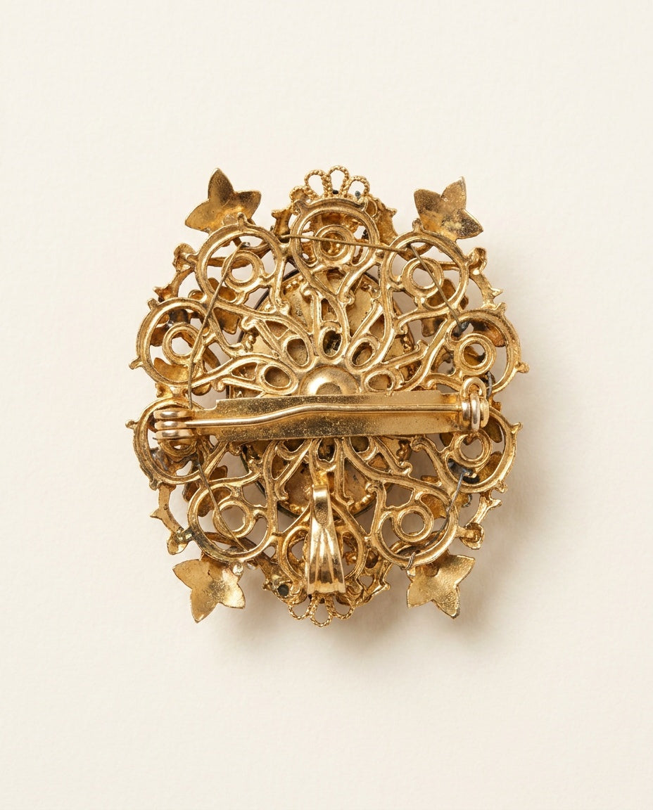 Gold-Tone Cameo Brooch with Filigree and Bead Accents - photo 2