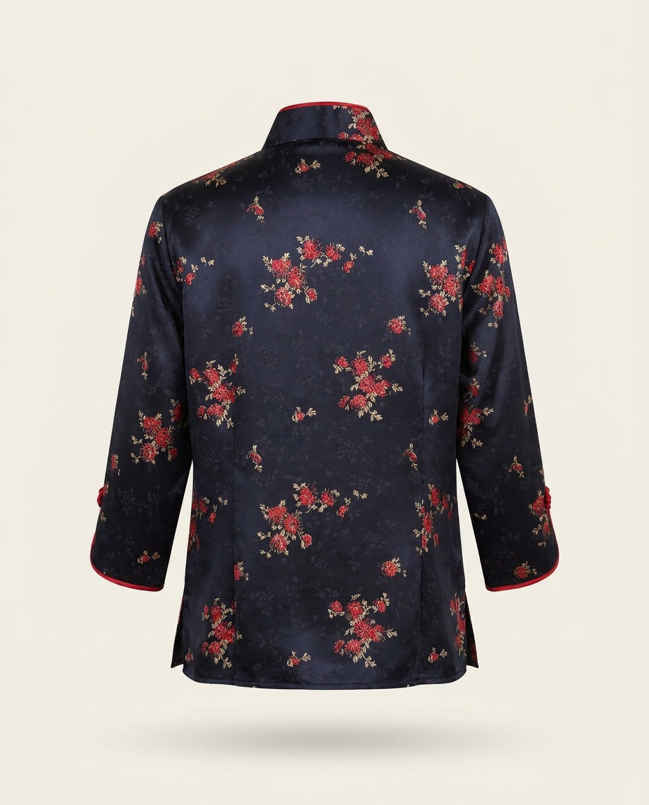 Robbie Bee Petite 100% Silk 2-Piece Jacket & Slip Set - Navy/Red Floral - photo 2