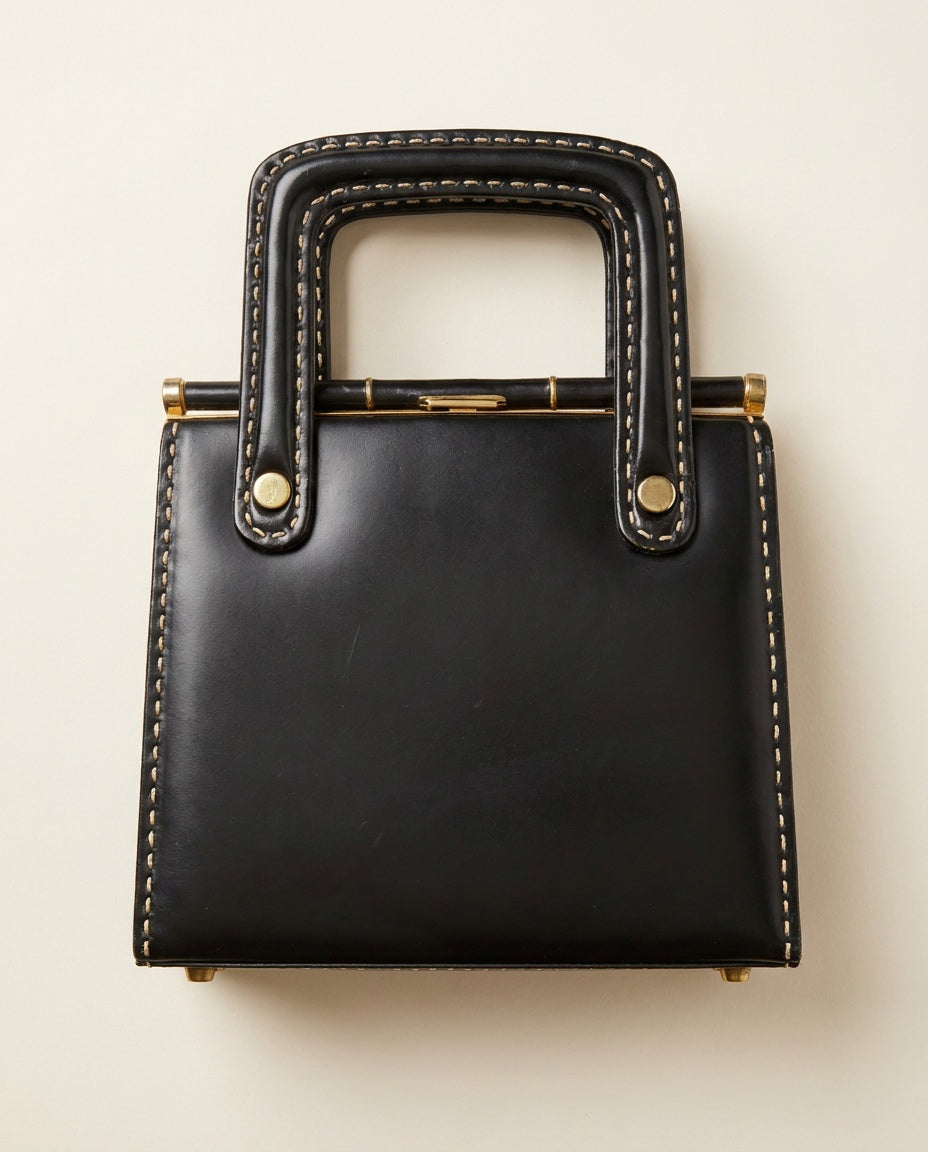 Black Structured Box Handbag with Brass Kanji Medallion and Gold Whipstitching - photo 2