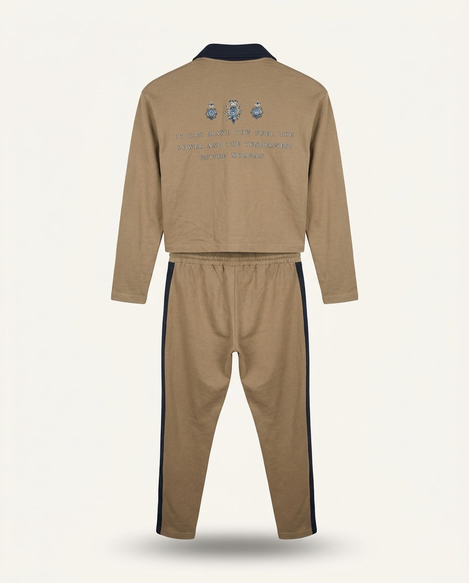 UNITED MORGAN 1980s Military-Inspired Cropped Shirt & Slim Track Pants in Tan/Khaki with Embroidery - photo 2