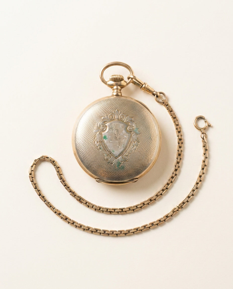 North Star 1970s Hunter-Case Pocket Watch with Guilloche Engraving and Fob Chain - photo 2