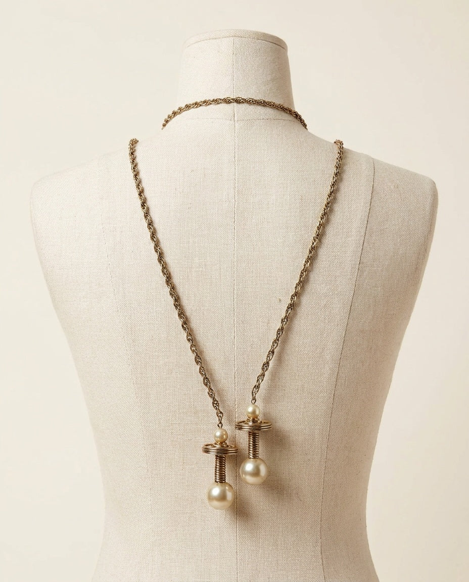 Mid-20th Century Faux Pearl Lariat Necklace with Coiled Wire Spring Pendants - photo 2