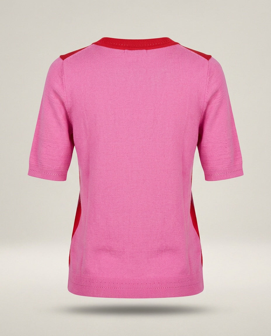 BODEN Color-Block Short-Sleeve Knit Sweater in Red and Pink - photo 2