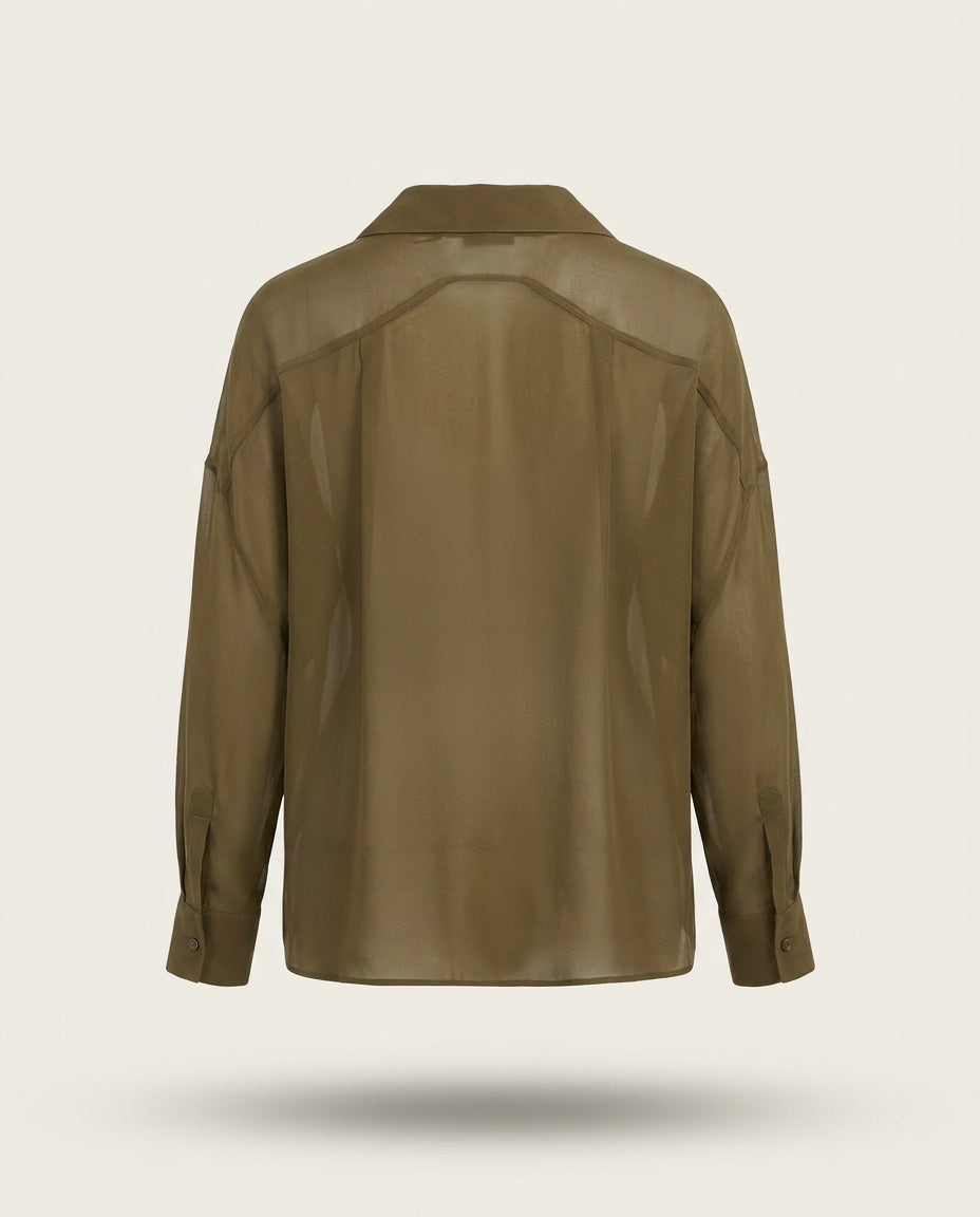 Vince Olive Green Silk Long-Sleeve Blouse with Scalloped Hem and Sheer Back Yoke - photo 2