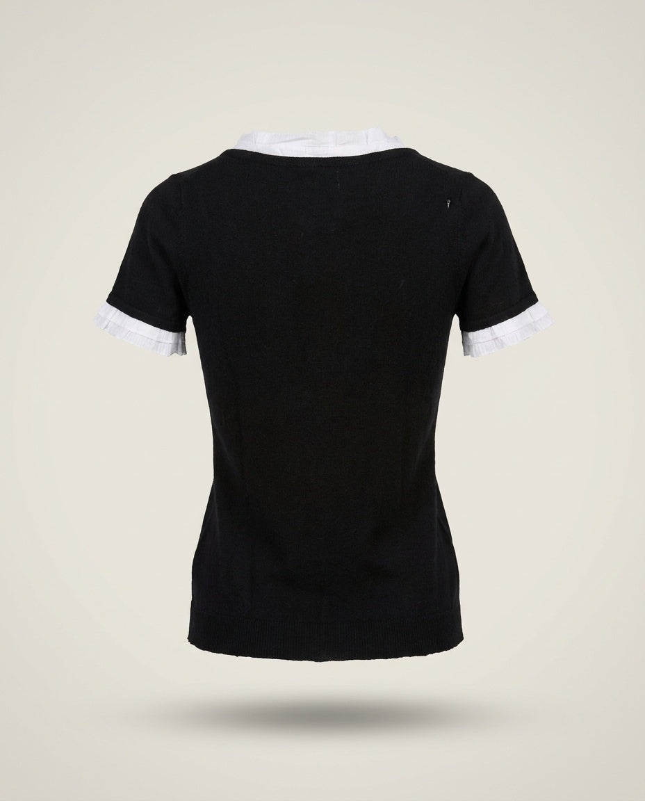 Black Wool-Blend Knit Top with White Contrast Trim - photo 2